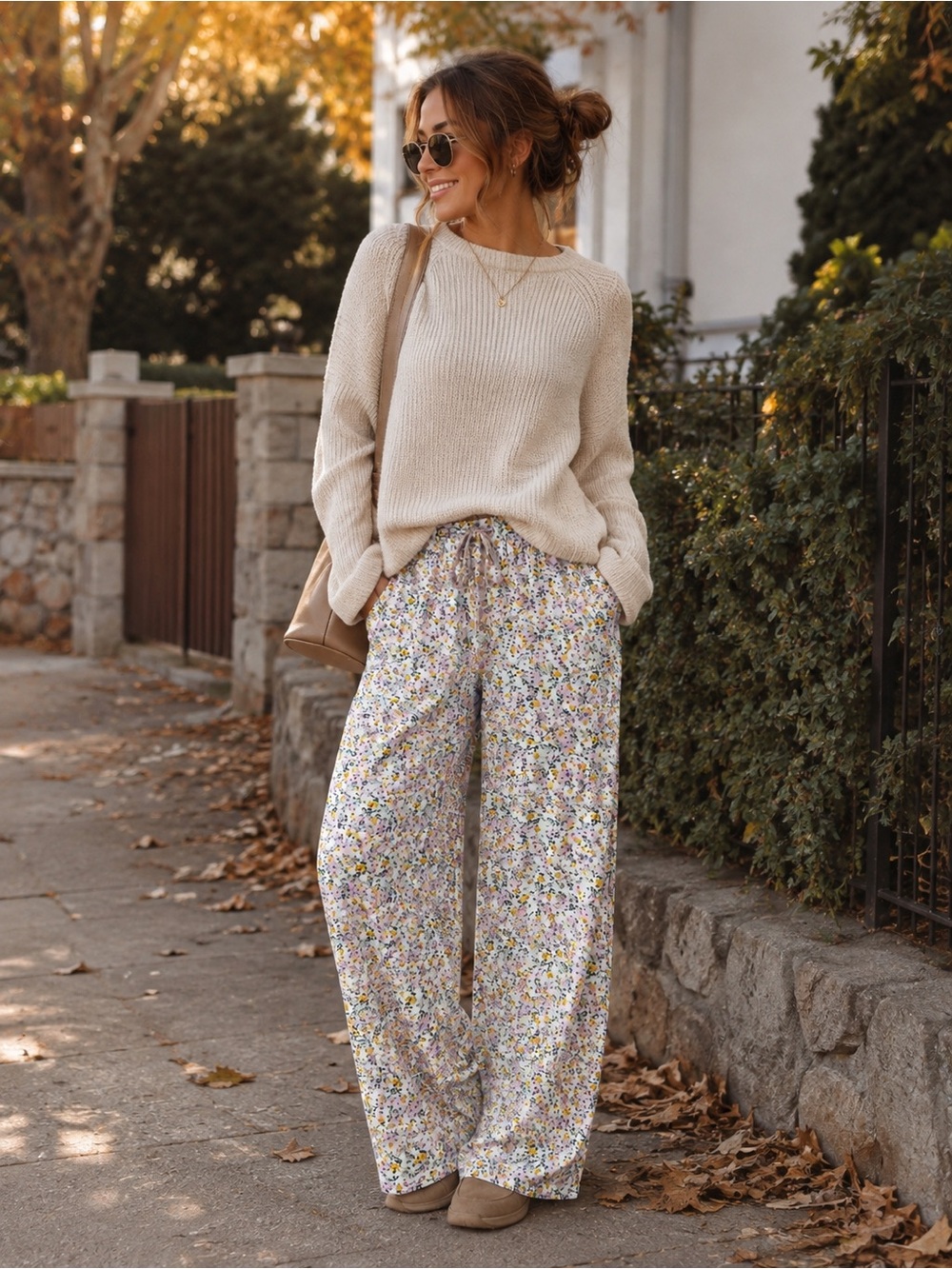 Rare Editions Cream Floral Wide-Leg Lounge Pants. (B2)